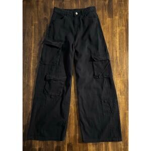 H&M Divided Women’s 2 27 x 29 Pants Wide Leg Cargo High Rise 100% Cotton Black